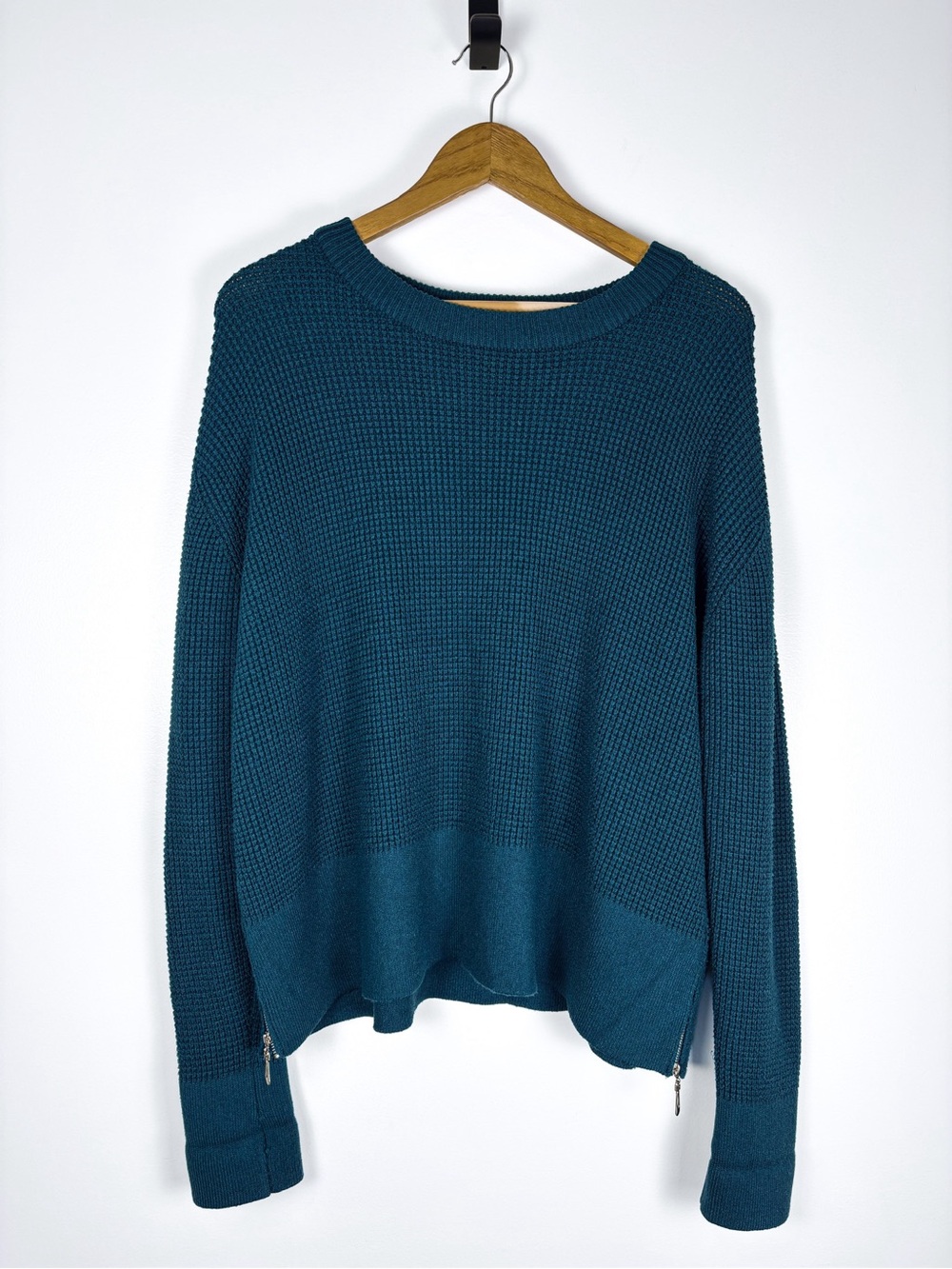 Anrabess Dark Teal Chunky Waffle Thermal Knit Crewneck Zipper Sweater Size Large